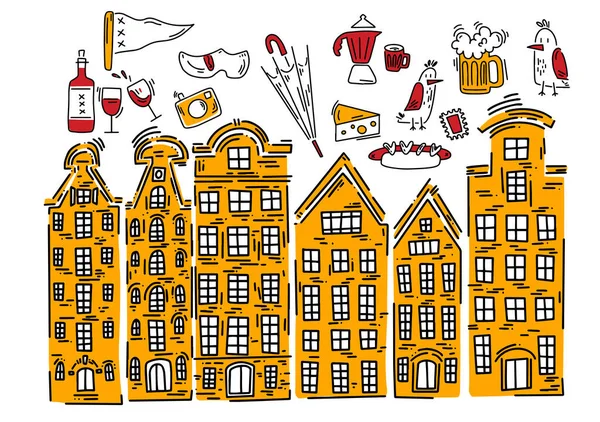 Плакат Традиционными Европейскими Домами Иллюстрация Каракулей Привет Амстердама Набор Векторных — стоковый вектор