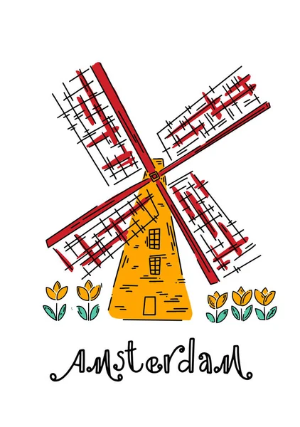 Amsterdam 'a hoş geldiniz. Amsterdam vektör elemanları ayarlandı. Seyahat ve Turizm Konsepti. Seyahat posteri, içinde laleler ve yel değirmeni olan kartpostal.