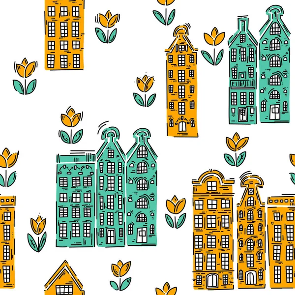 Pattern Old Vintage European Houses Hand Drawn Sketch Doodle Style — Stock Vector