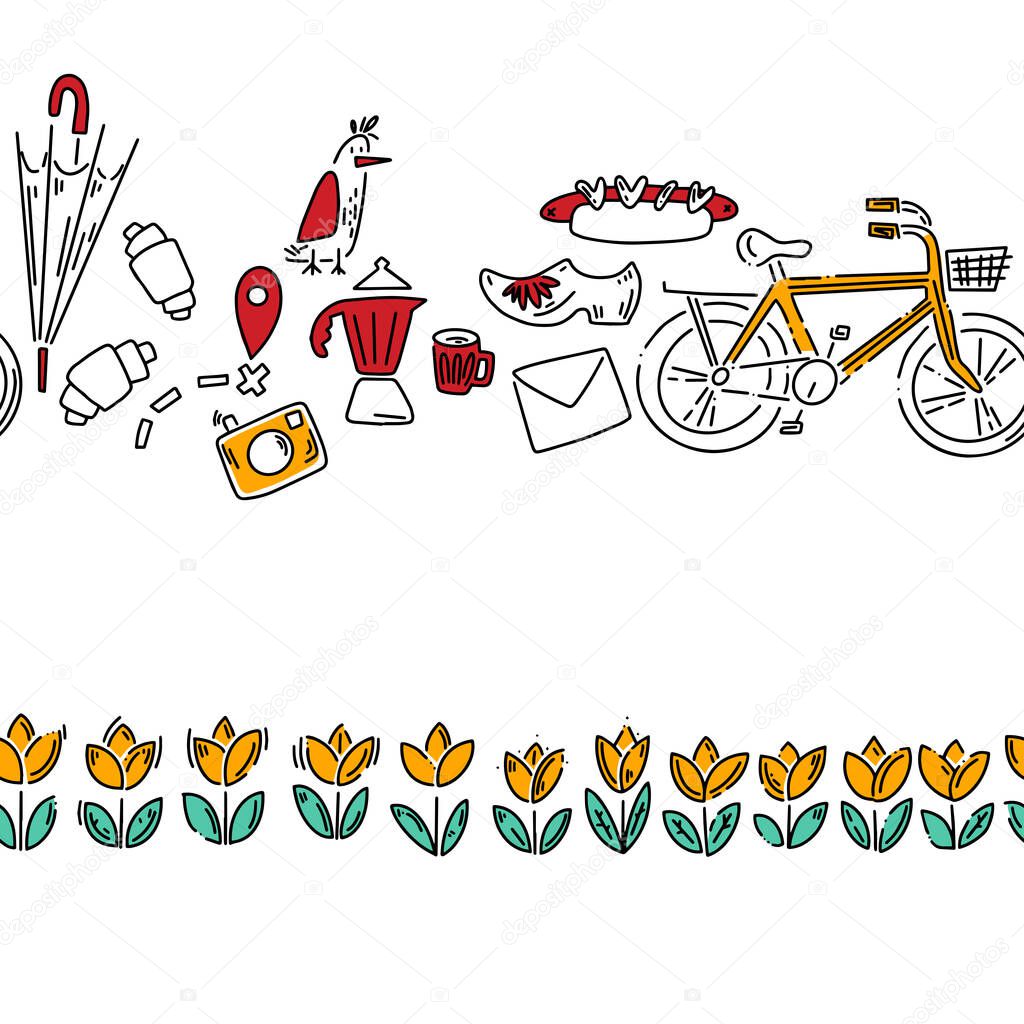 Doodle pattern with cheese, wine, klomps and other other tourist stuff. Hand drawn pattern in doodle style. Vector image, clipart, editable details.