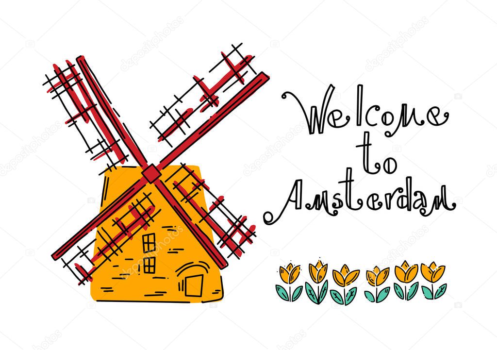 Welcome to Amsterdam. Amsterdam vector elements set. Travel and Tourism Concept. Travel poster, postcard with tulips and windmill
