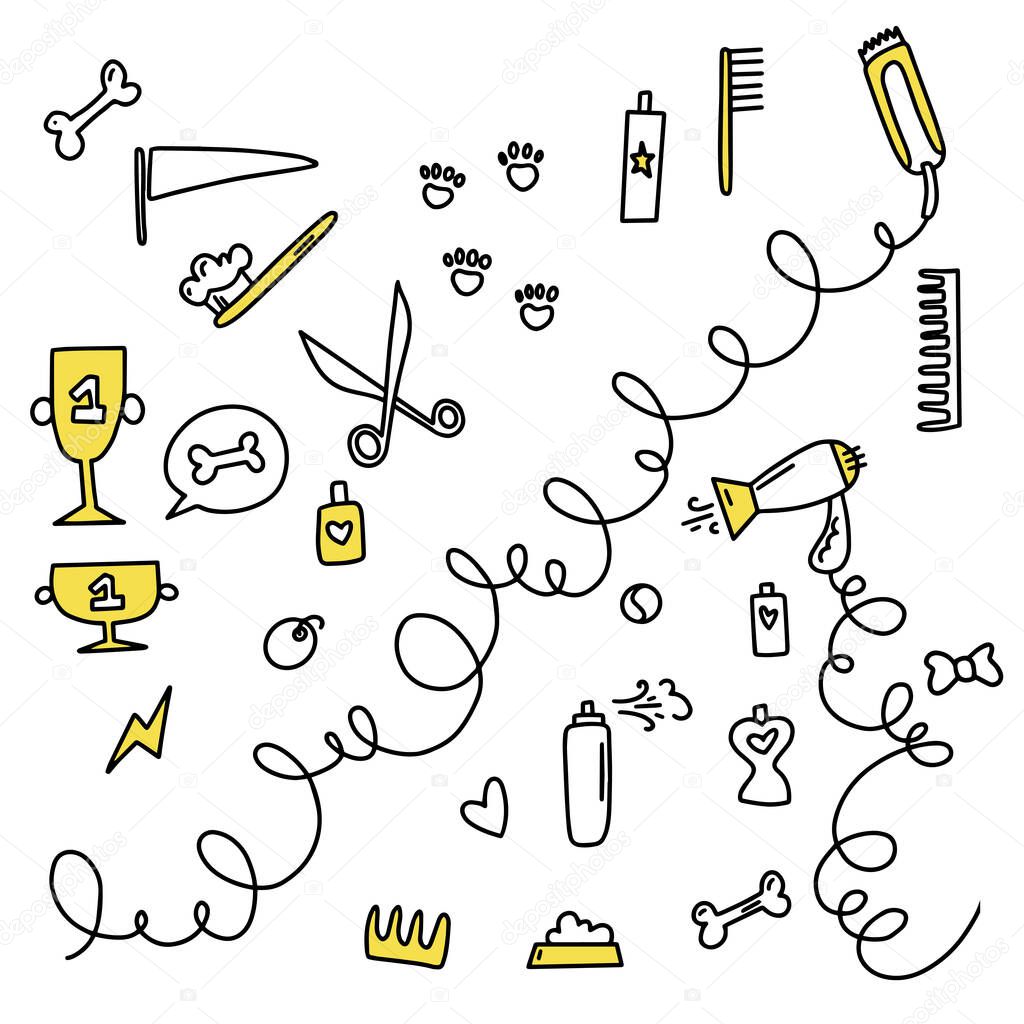 Clipper, hair dryer, cups and other dog items. Doodle icon. Vector illustration of a grooming tools. Editable element.