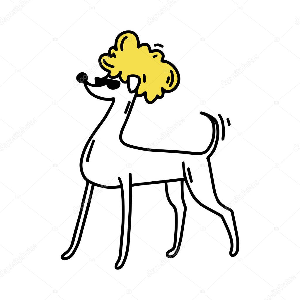 Italian greyhound, hound, poodle with a trendy haircut. Fashionable dog in sunglasses. Doodle icon. Vector illustration of a dog. Editable element.