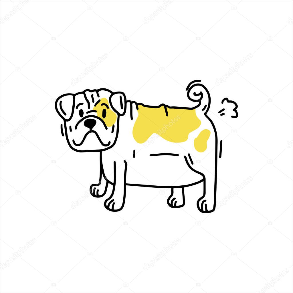 Funny english bulldog farts. Little funny dog. Doodle icon. Vector illustration of a dog. Editable element.