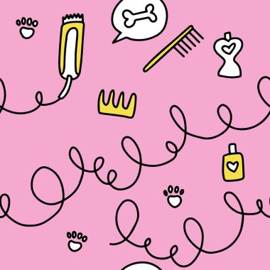 Köpek bakımı deseni. Köpek bakımı. Tımarcı. Tımar aletleri. Karalama deseni. Arkaplan, ambalaj, tekstil ve diğer tasarımlar için.