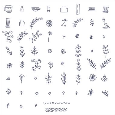 Bir dizi bitki elementi. Doodle Elementleri geleneksel tarzda. Çiçek unsurları, yapraklar, bitkiler ve çiçekler, modern moda tasarımı, çağdaş sanat eserleri olan soyut bir koleksiyon. Kelime