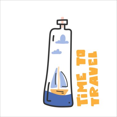 Gemi, şişedeki tekne. Şirin deniz çizimi. Vektör resmi, clipart, düzenlenebilir detaylar.