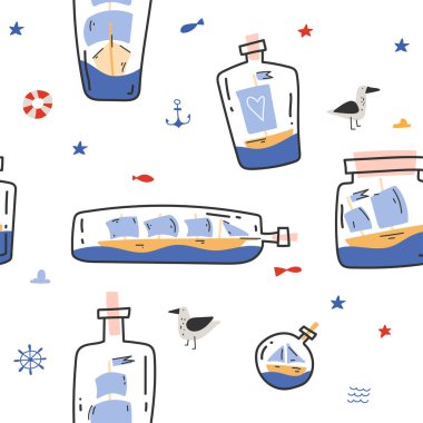 Şişe içinde gemilerle el çizimi desen. İskandinav deniz deseni. Tekneler ve martılarla çocuk şablonu