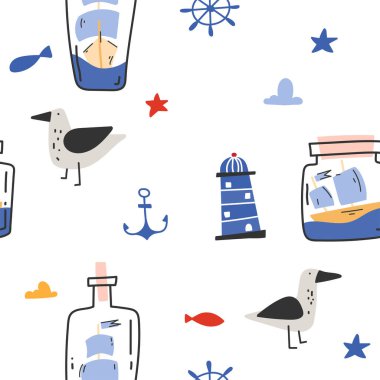 Şişe içinde gemilerle el çizimi desen. İskandinav deniz deseni. Tekneler ve martılarla çocuk şablonu