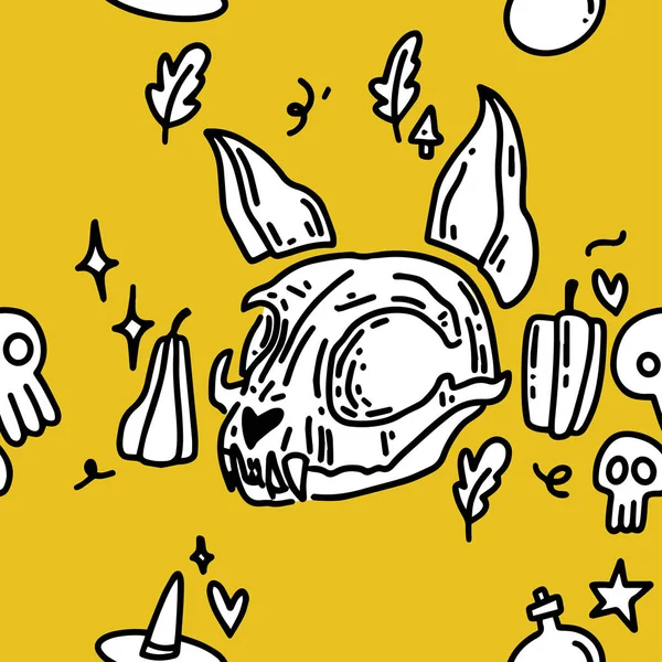 Padrão Desenhado Mão Com Crânio Gato Padrão Halloween Com Gatos —  Vetores de Stock