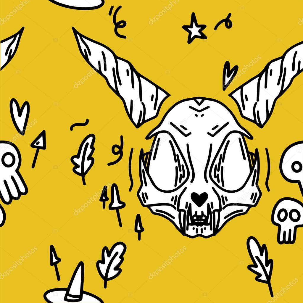 Hand-drawn pattern with cat skull. Halloween pattern with cats.