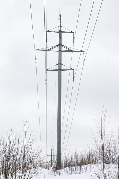 Elektrik hatlarının desteği. Elektrik hatları ve direkler. Ayrıntılı yakın plan.