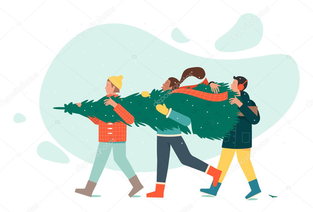 Three people in winter clothes are carrying a Christmas tree.