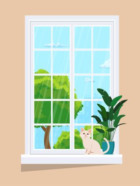 kedi pencere pervazında, vektör illüstrasyonu