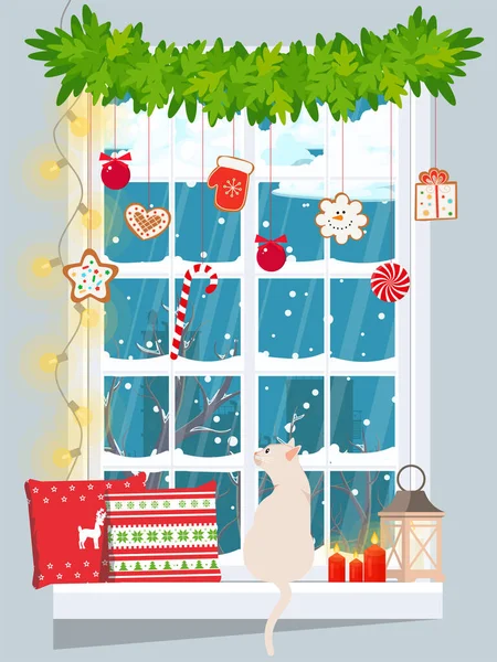 Pencere eşiğinde bir kedi, noel dekoru. vektör illüstrasyonu