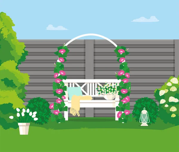 Um banco de jardim abaixo de um arco com flores de tecelagem. — Vetor de Stock