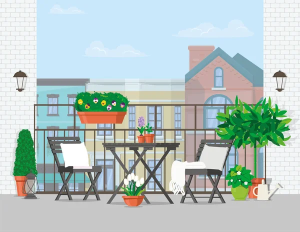 Balcón con muebles de jardín, plantas y vistas a la ciudad. — Vector de stock