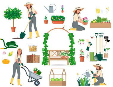 İzole nesneler kümesi kız bahçıvan.