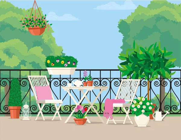 Salon de jardin blanc sur le balcon avec vue sur la verdure. — Image vectorielle