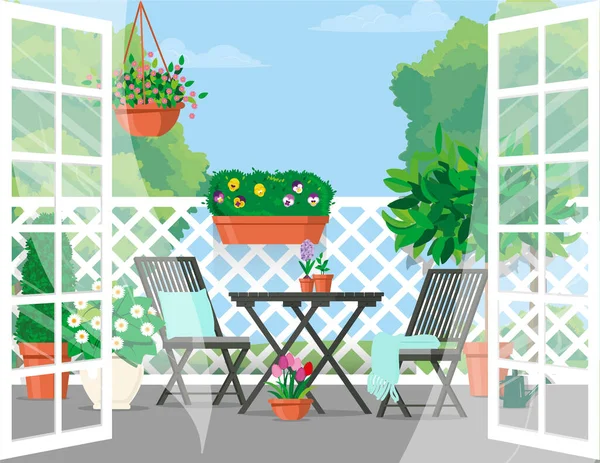 Portes ouvertes sur le balcon avec mobilier et vue sur le vert — Image vectorielle