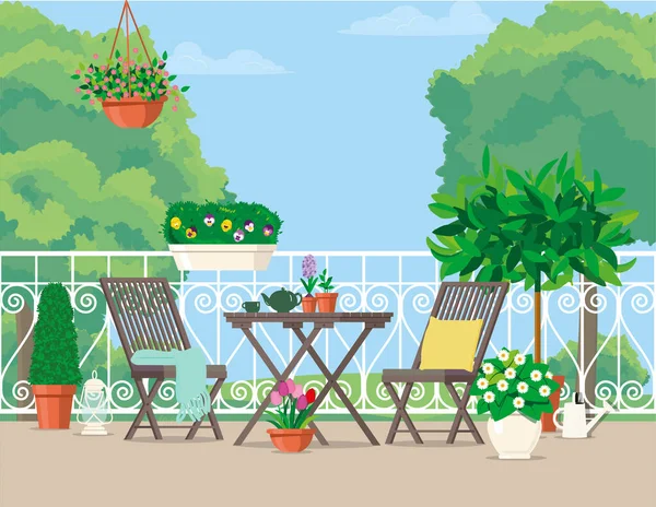 Salon de jardin blanc sur le balcon avec vue sur la verdure. — Image vectorielle