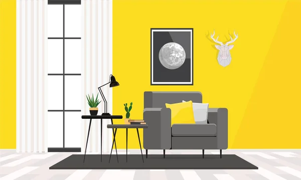 Diseño interior de una habitación con paredes amarillas, un cartel con una luna y una cabeza de ciervo en la pared. — Vector de stock