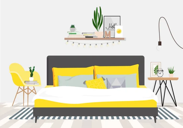 Quarto acolhedor em tons cinza e amarelo — Vetor de Stock