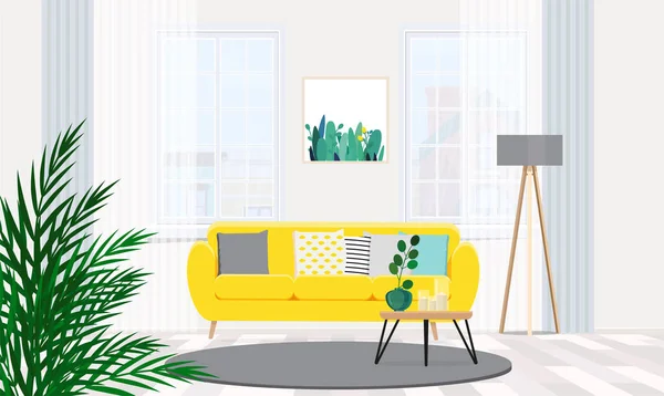Interior moderno da sala de estar com sofá amarelo — Vetor de Stock
