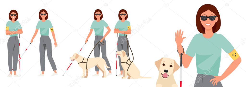 Set of blind girl with guide dog