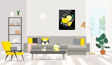 Discreet interior design in gray tones with yellow accents.