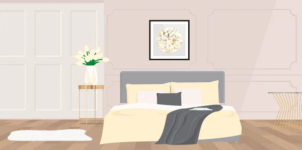 Bedroom with a bed in pale yellow tones — Vector de stock