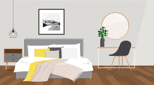 Harmonious, minimalistic japandi bedroom with dressing table — Stockvector