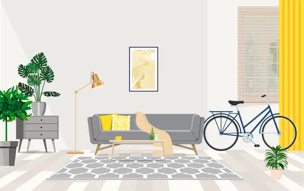 Interior design room in gray and yellow tones with furniture and bike — Vetor de Stock