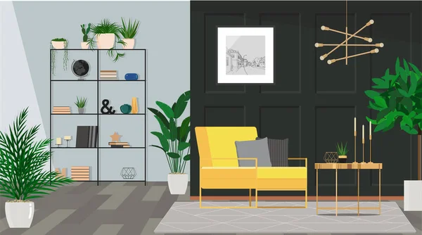 Interior with character in dark colors with a yellow armchair. — ストックベクタ