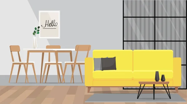 黄色のソファ付きのダイニングルームのインテリア — ストックベクタ