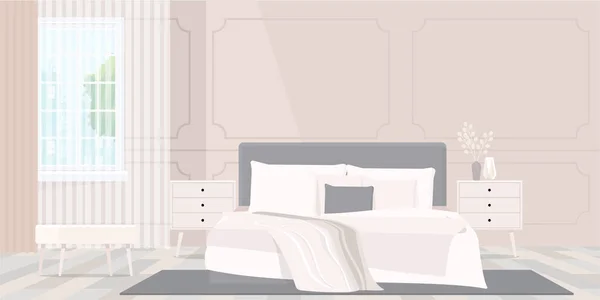 Нежный дизайн интерьера спальни в бежевых тонах — стоковый вектор