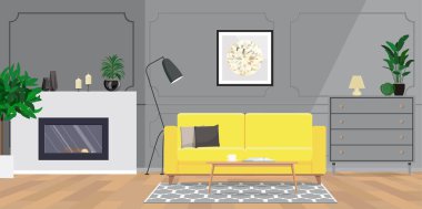 Gri duvarları, sarı kanepesi ve şöminesi olan minimalist iç tasarım..