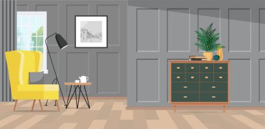 Gri klasik panelli ferah bir oda ve pencerenin yanında parlak sarı bir koltuk..