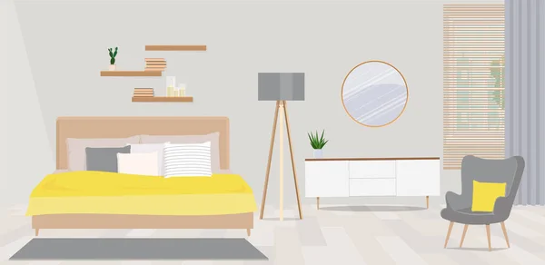 Diseño interior de un dormitorio en un diseño escandinavo minimalista con muebles naturales — Archivo Imágenes Vectoriales