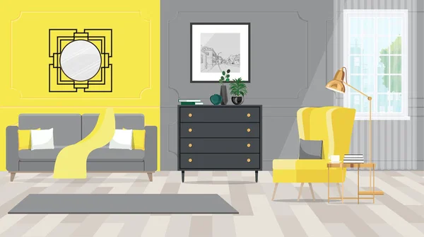 Une chambre jaune-gris avec une fenêtre et des meubles. — Image vectorielle