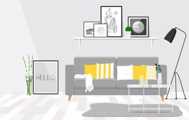 Sarı aksanlı gri odanın modern iç tasarımı