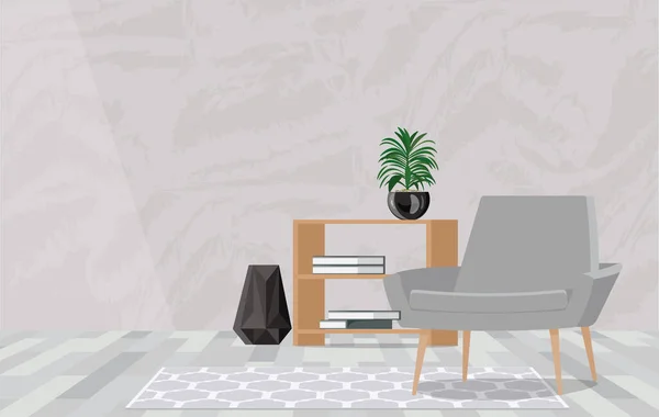 Habitación gris con una composición de un sillón con un bordillo con libros — Vector de stock
