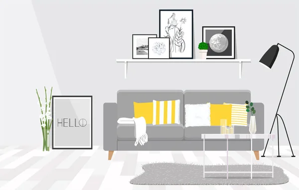 Design intérieur moderne de chambre grise avec des accents jaunes — Image vectorielle
