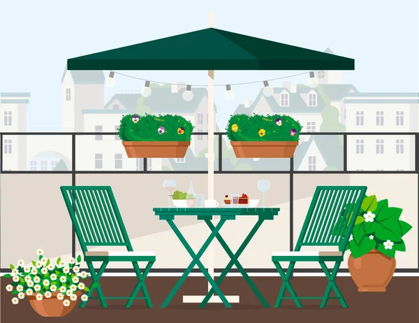 Балкон с зеленой мебелью под зонтиком и видом на город — стоковый вектор