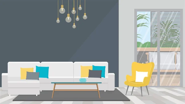 Salón con sofá blanco, sillón turquesa y acceso al balcón — Vector de stock