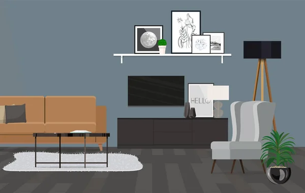 有电视和灰色扶手椅的客厅 — 图库矢量图片