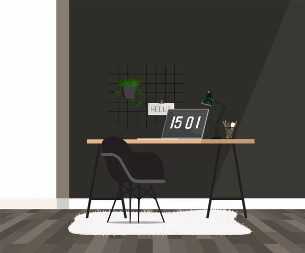 Lugar de trabajo contra fondo de pared negro — Vector de stock