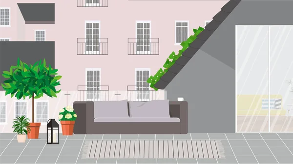 Accogliente balcone sul tetto con mobili e piante — Vettoriale Stock