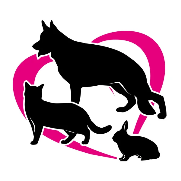 Madzhentnogo hart pictogram met contour hond, een kat en een konijn — Stockvector