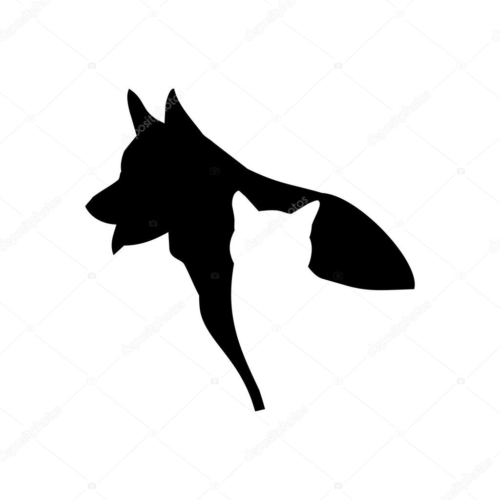 Vector image of a white cat on a background of black dog